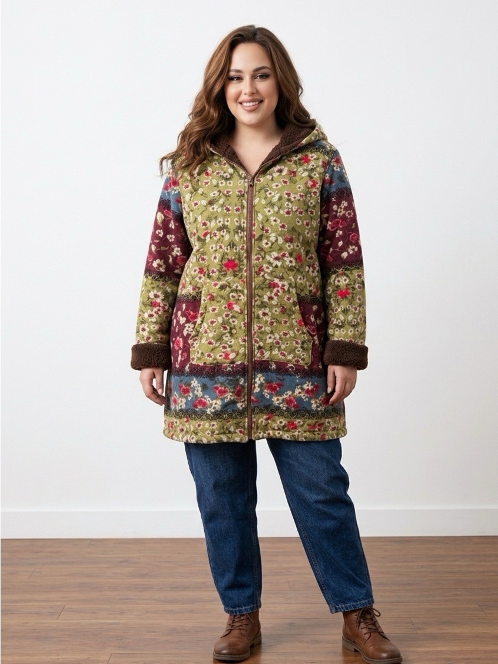 Cellabie Cotton Fleece Lined Floral Patchwork Hooded Coat - Picture 2 of 7